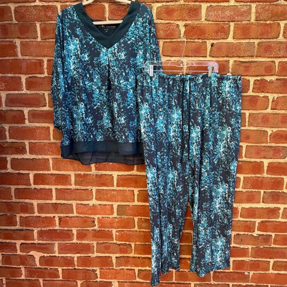 Carole Hochman Abstract Botanical Print Feather Jersey Lounge Set Blue P2X NWOT